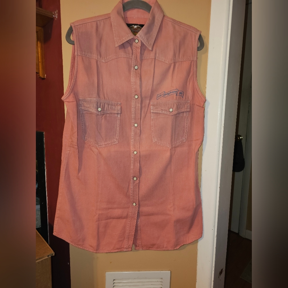 Womens Harley-Davidson Sleeveless Button Down Shirt sz L Pink Denim